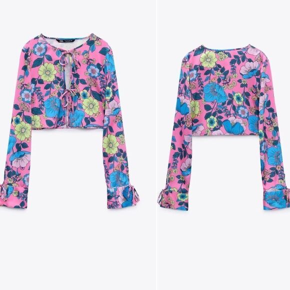 ZARA fuchsia satin effect printed crop top floral flowers S NWT - Picture 3 of 10
